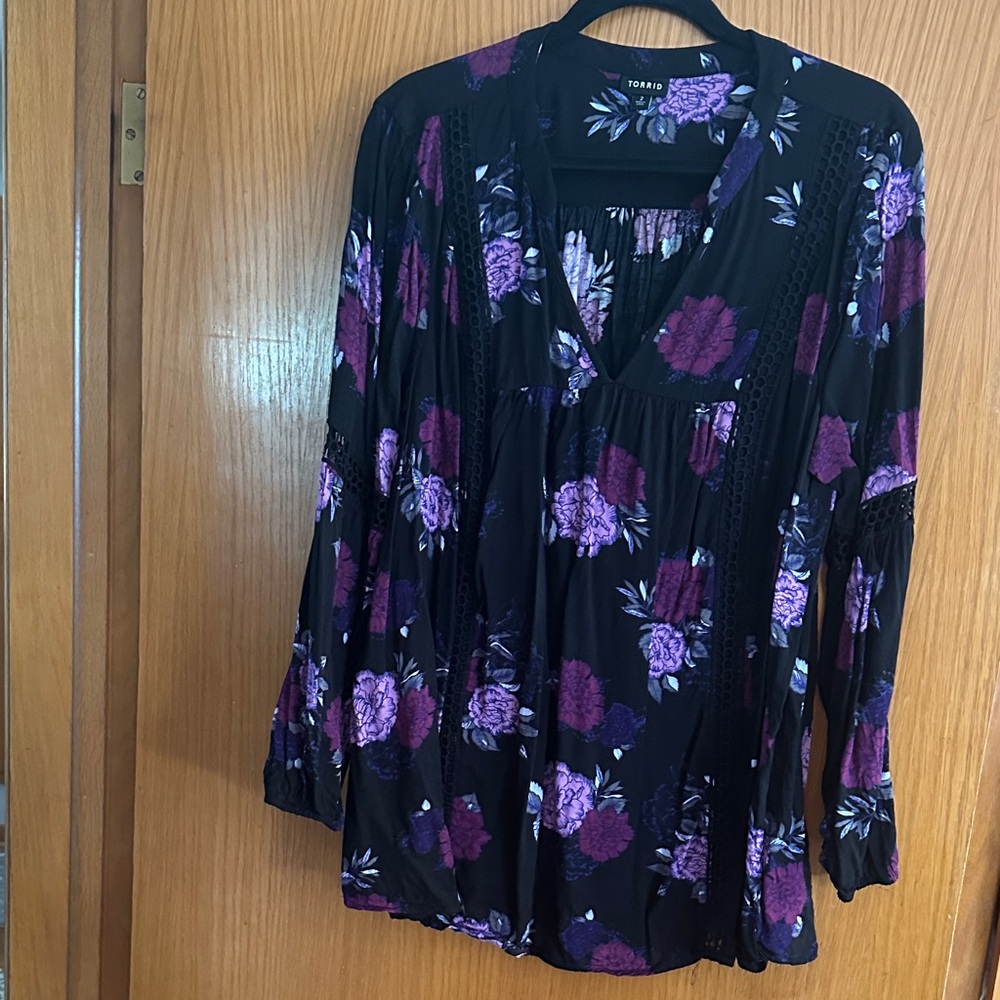 Torrid Black Blouse with Purple Floral Design
